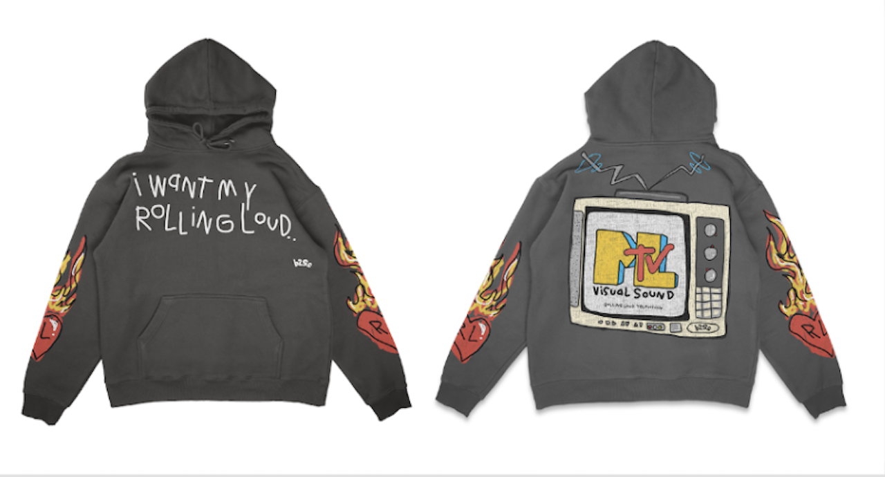 Black hoodie with MTV and Rolling Loud logos, and stylized graphics on back and sleeves