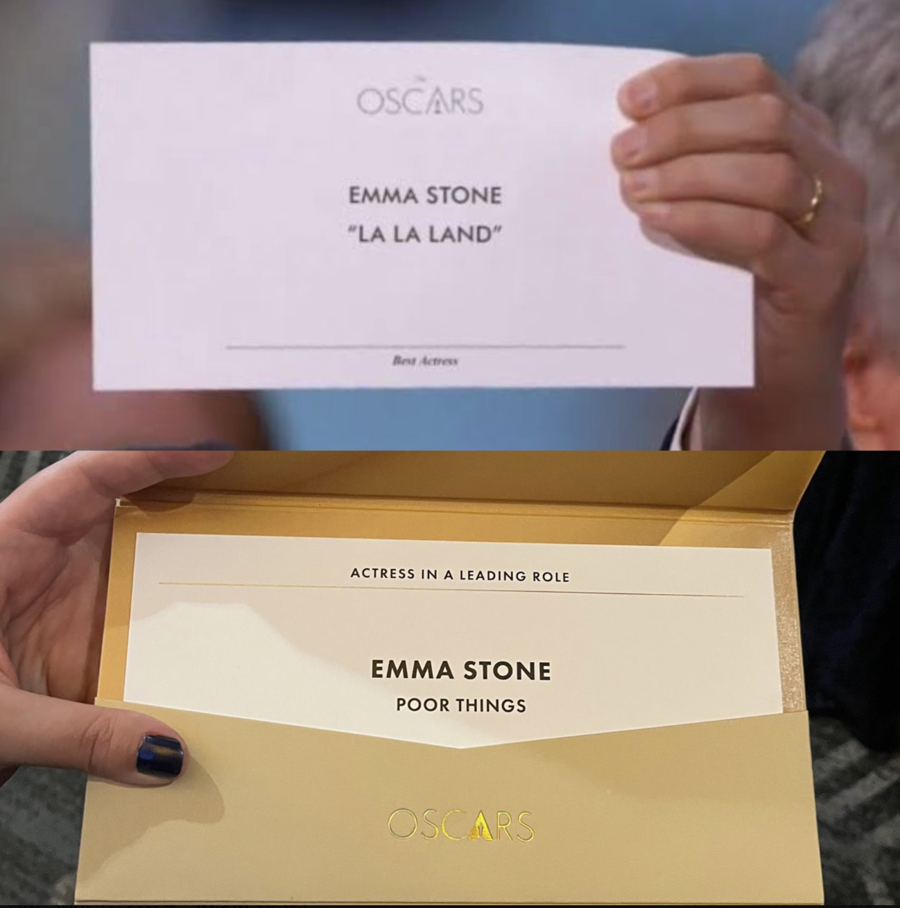 Top: &quot;Oscars Emma La Land&quot; Best Actress card; bottom: &quot;Actress in a Leading Role, Emma Stone, Poor Things&quot; on an Oscar envelope