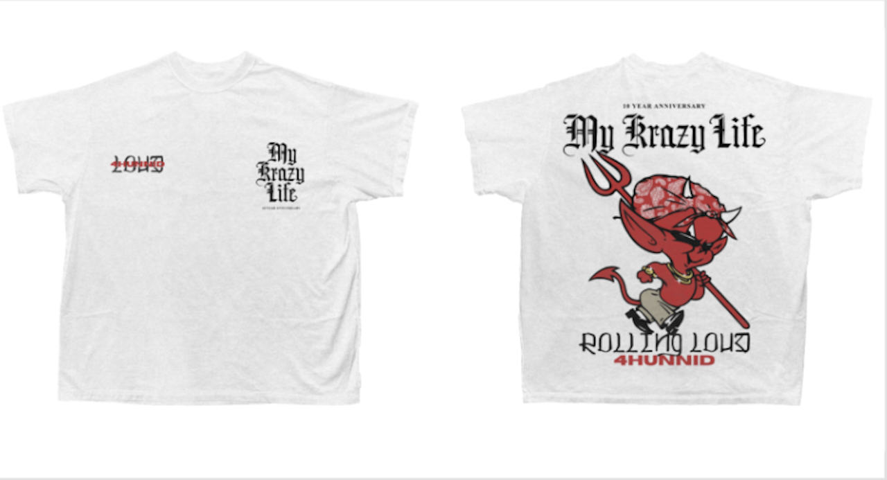 Front and back of a white T-shirt with &quot;My Krazy Life&quot; text and a graphic involving a heart and a bandana on the back