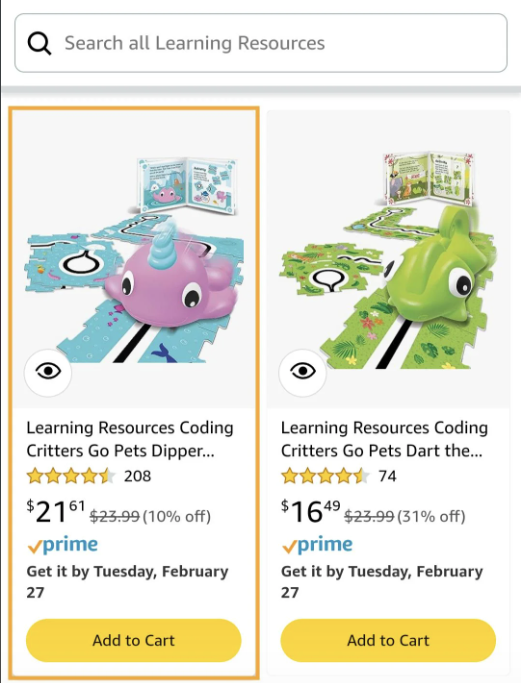 Two Critters Go Pets Coding Learning Resources kits with discount labels and delivery dates