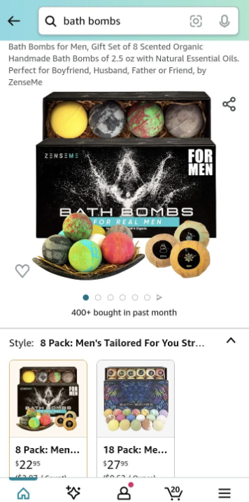 Product display of ZenseMe men&#x27;s bath bombs, 8 in a black box with various textures