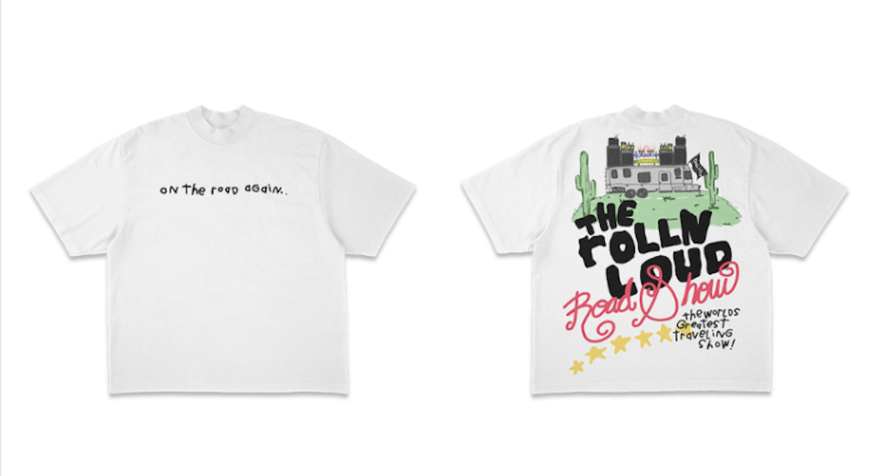 Front and back of a white T-shirt with text &quot;On the road again&quot; and graphic design for &quot;The Rollin&#x27; Shop&quot;