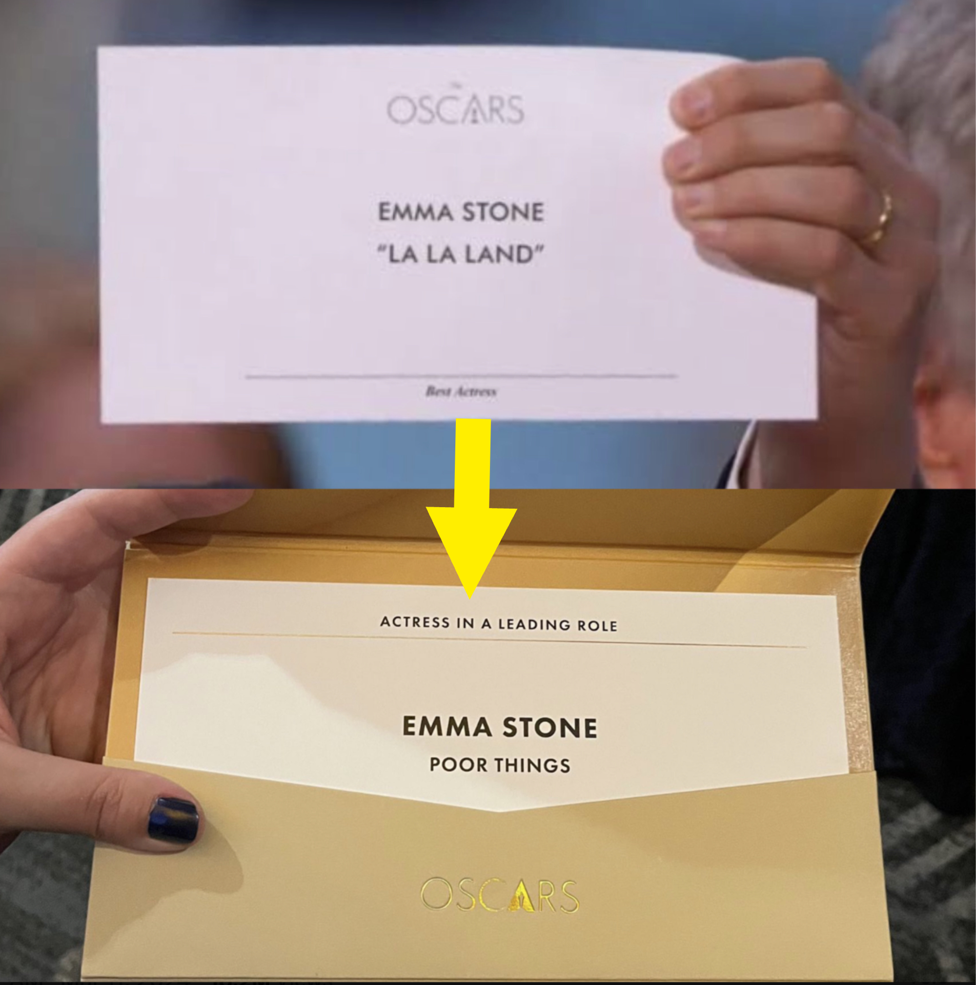 Top: a hand holding an Oscar&#x27;s &quot;La La Land&quot; Best Actress card; bottom: a card reading &quot;Actress in a Leading Role, Emma Stone, Poor Things&quot;