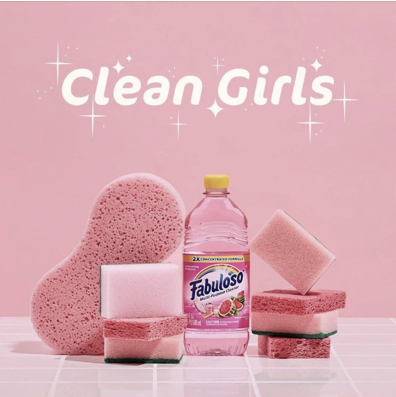 Advertisement for Fabuloso cleaner with the text &#x27;Clean Girls&#x27; and various sponges