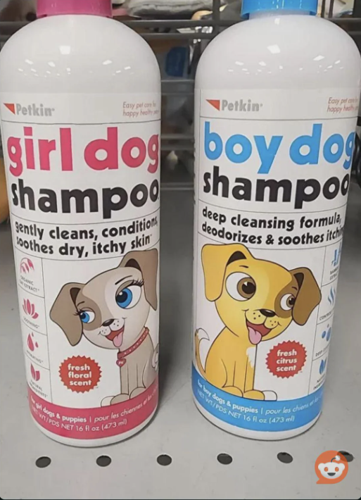Two bottles of dog shampoo, one for girls and one for boys, with cartoon dog illustrations