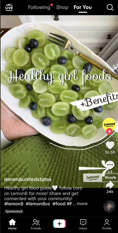 Plate with sliced fruits and the text &quot;Healthy girl foods +Benefits +Lemons!&quot; with social media interface overlay