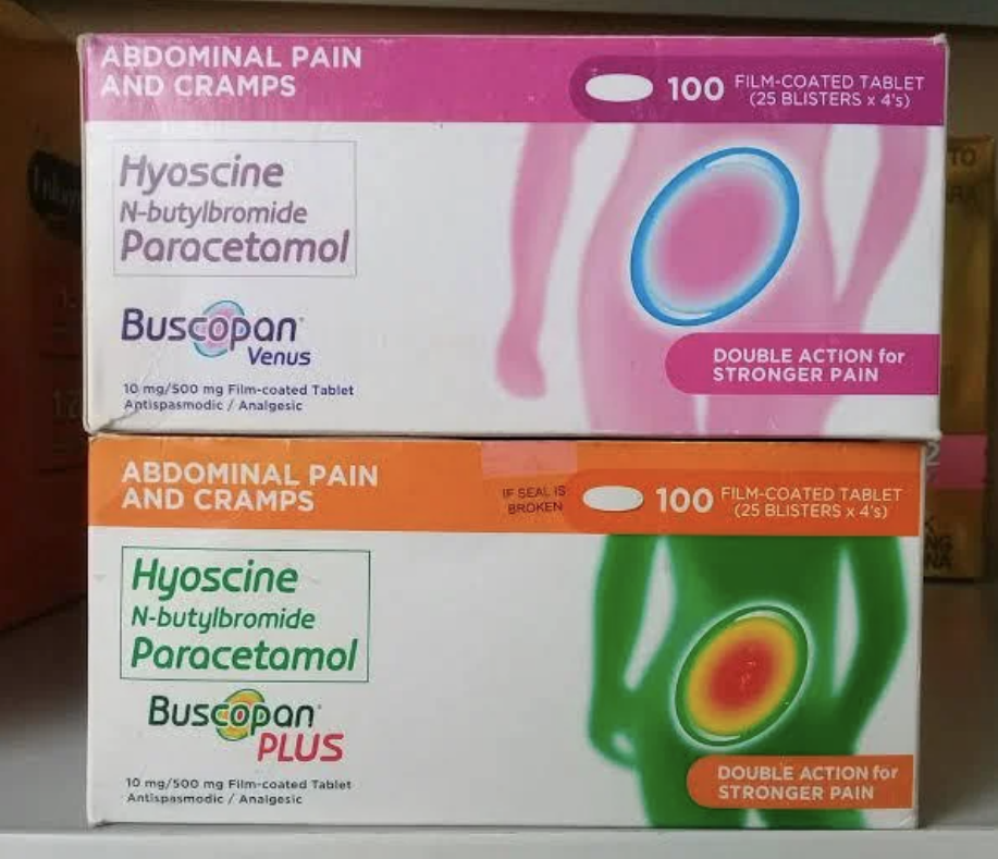 Double pack of pain relief medication boxes, one for abdominal cramps, the other for stronger pain