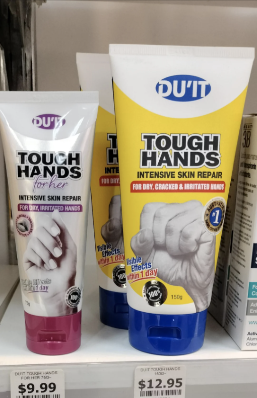 Two tubes of DU&#x27;IT Tough Hands cream on a shelf, one for intensive skin repair, the other for irritated hands