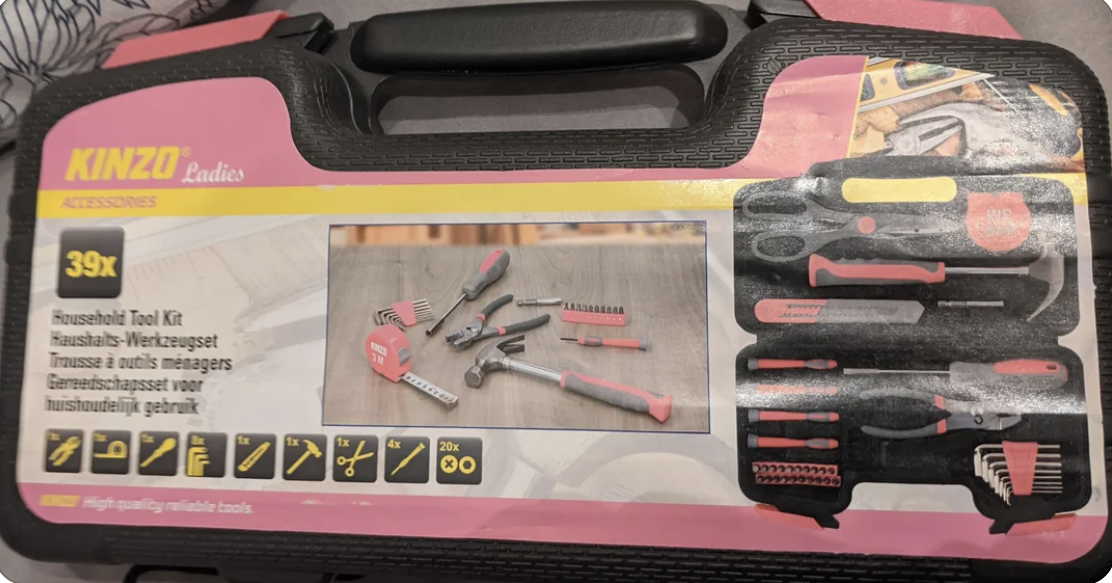 Pink Kinzo Ladies 39-piece household tool kit packaging with image of tools and icons indicating contents