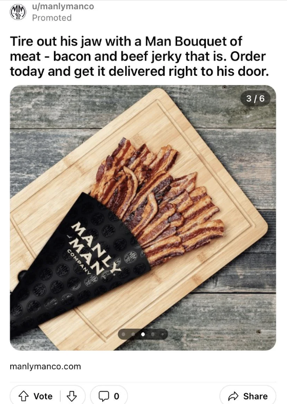 Promoted ad showing a bouquet of bacon strips arranged on a wooden board with a black glove