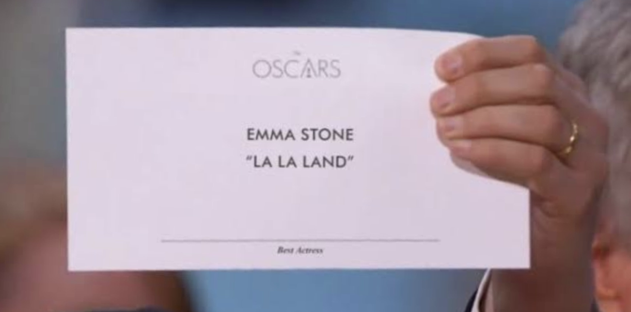 Oscars card reading Emma Stone &quot;La La Land&quot; for Best Actress held up
