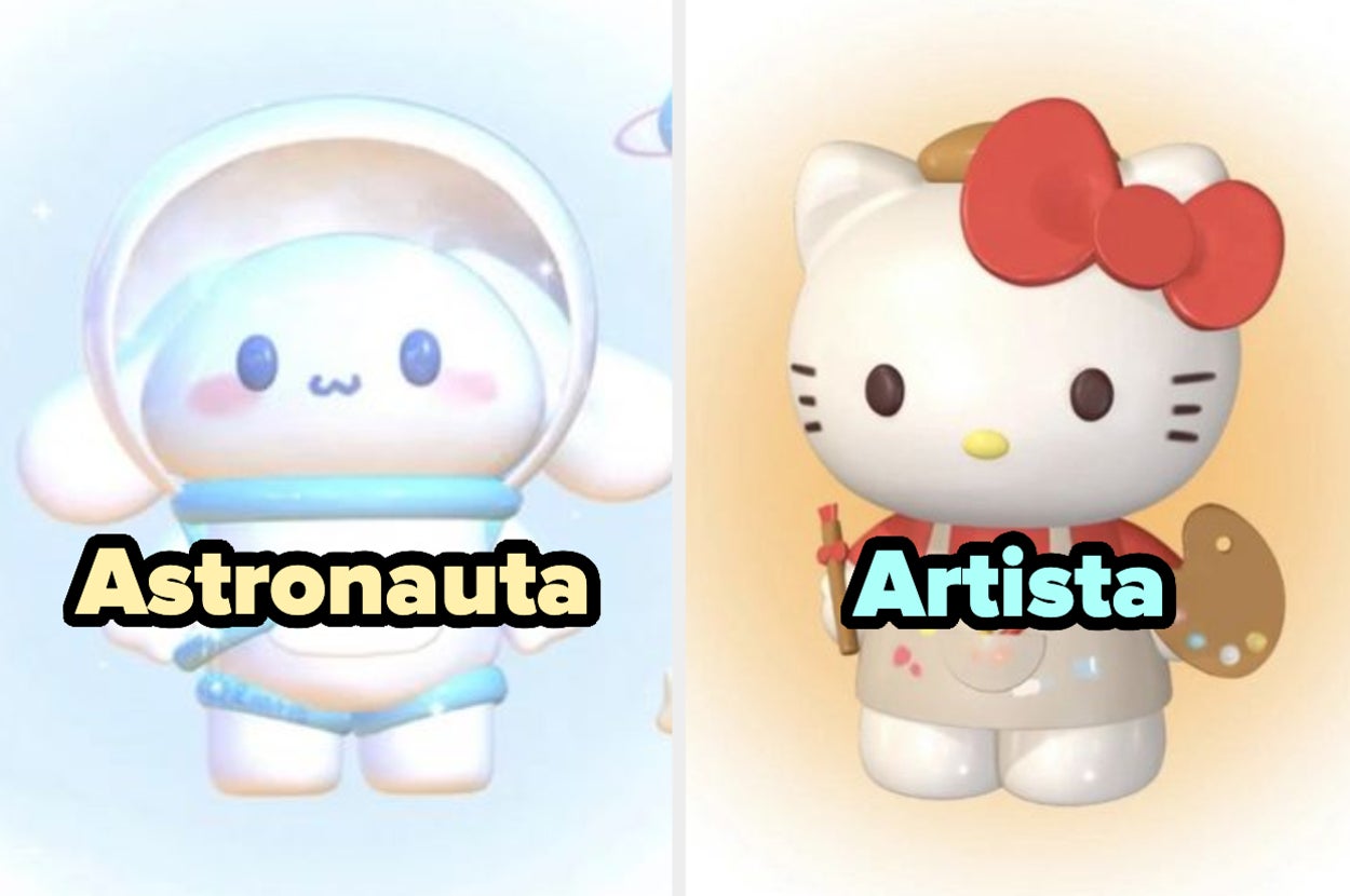Imagen de dos personajes animados: Kirby con traje de astronauta y Hello Kitty con atuendo de artista, junto a palabras "Astronauta" y "Artista"
