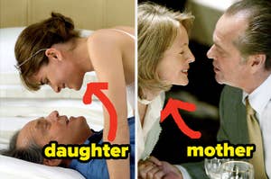 Two side-by-side scenes from media with labeled characters "daughter" caring for a man in bed, and "mother" with a man at dinner