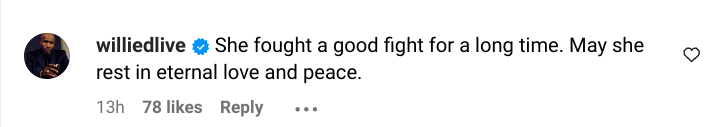 Comment by user williedlive with a supportive message about someone fighting a good fight, wishing eternal peace