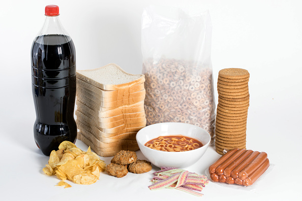 Assorted processed foods including soda, chips, bread, cereal, cookies, and hot dogs displayed on a white background