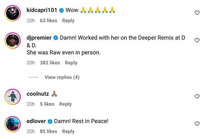 Three users commenting on a post, expressing shock, praise for a remix, and condolences