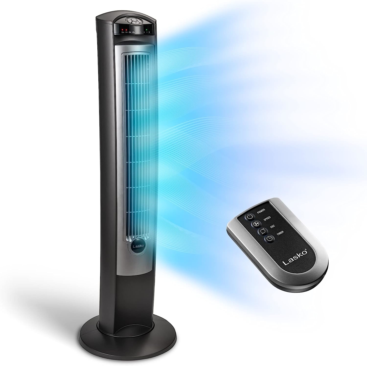 Tower-style fan with remote control, featuring a sleek design and airflow projection