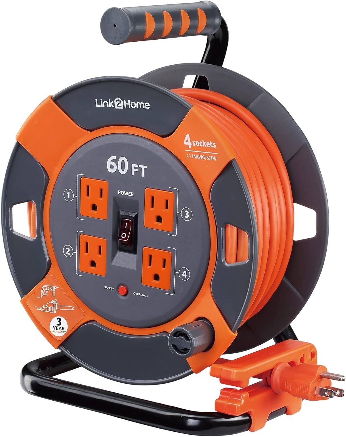 A 60-foot orange and black Link2Home cord reel with four sockets and a retractable power cord
