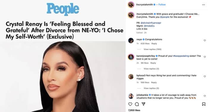 Text on magazine cover with woman: &quot;People - Crystal Renay &#x27;Feeling Blessed and Grateful After Divorce from NE-YO: I Choose My Self-Worth&#x27; (Exclusive)&quot; Instagram interface visible