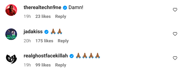 Three social media comments with emojis from users therealtechn9ne, jadakiss, and realghostfacekillah, expressing admiration