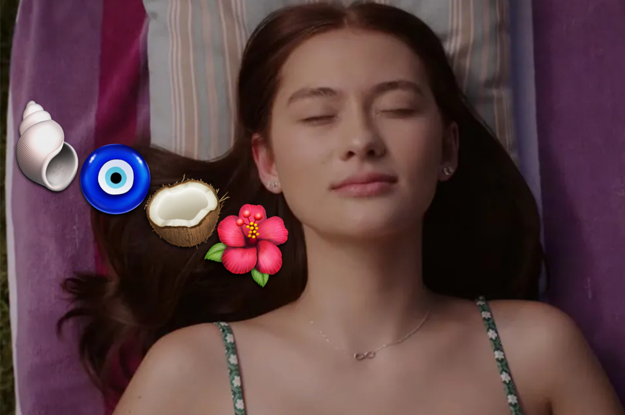 Young woman lying with eyes closed, various small images like a shell, eye, coconut, flower, and oyster around her head