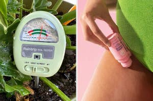 a soil tester in plant pot; a hand holds after shave roller against leg bikini line