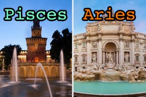 On the left, a castle with a fountain in Milan labeled Pisces, and on the right, the Trevi Fountain labeled Aries