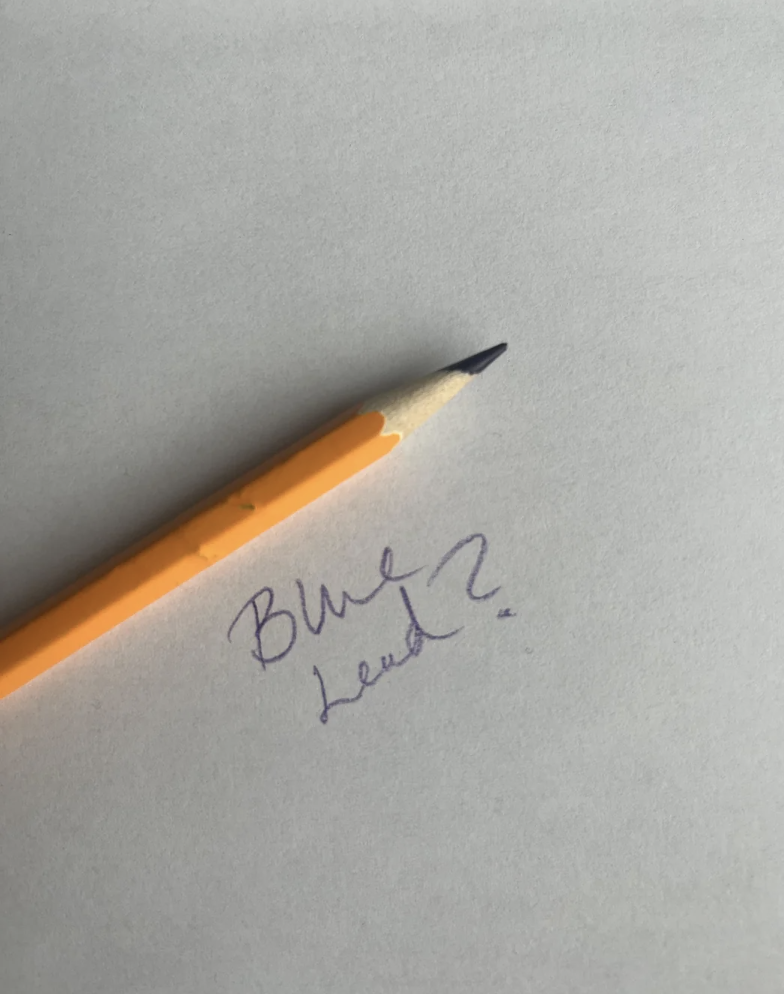 Pencil with blue lead on a piece of paper with &quot;Blue lead?&quot; written on it