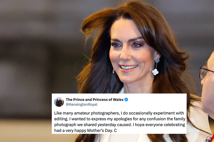 Close-up of Kate Middleton smiling, with a text overlay from KensingtonRoyal about amateur photography and Mother's Day