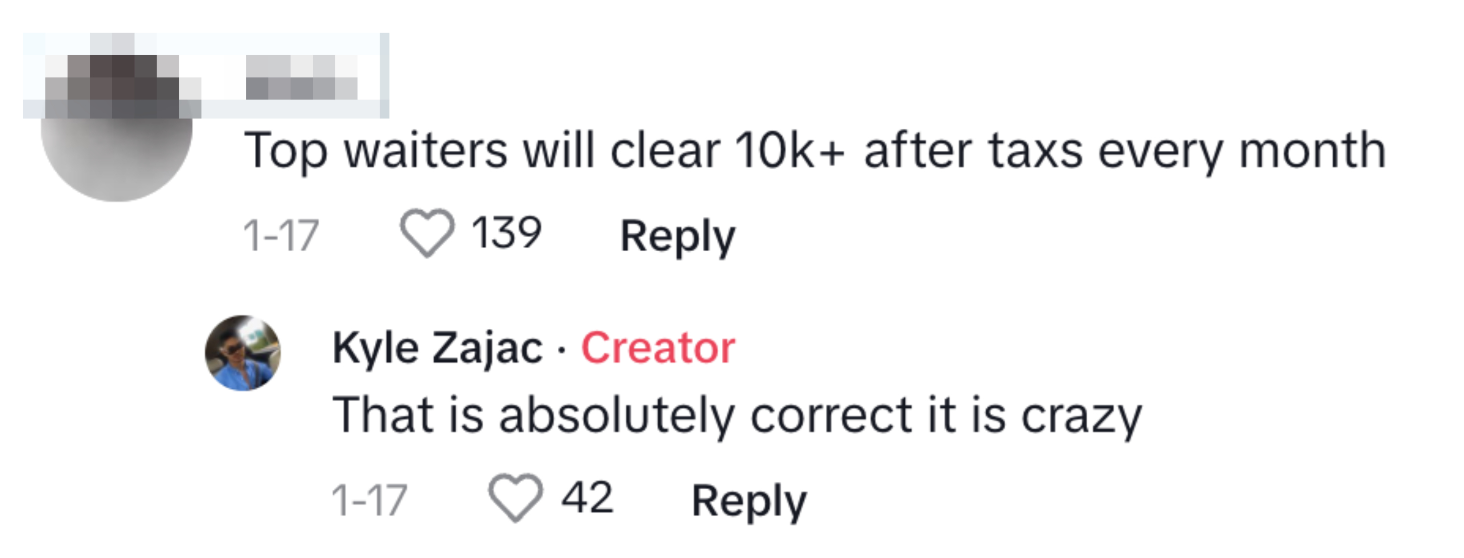 Comment exchange about top waiters earning over 10k a month after taxes