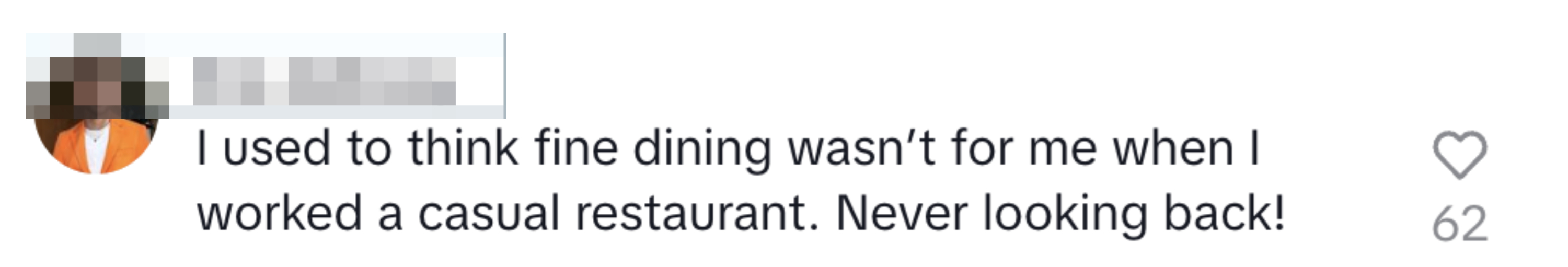 A social media post by Eric Anthony saying, &quot;I used to think fine dining wasn&#x27;t for me when I worked at a casual restaurant. Never looking back!&quot;