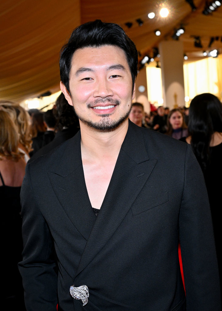 Simu in a suit with a unique brooch, smiling at an awards show red carpet