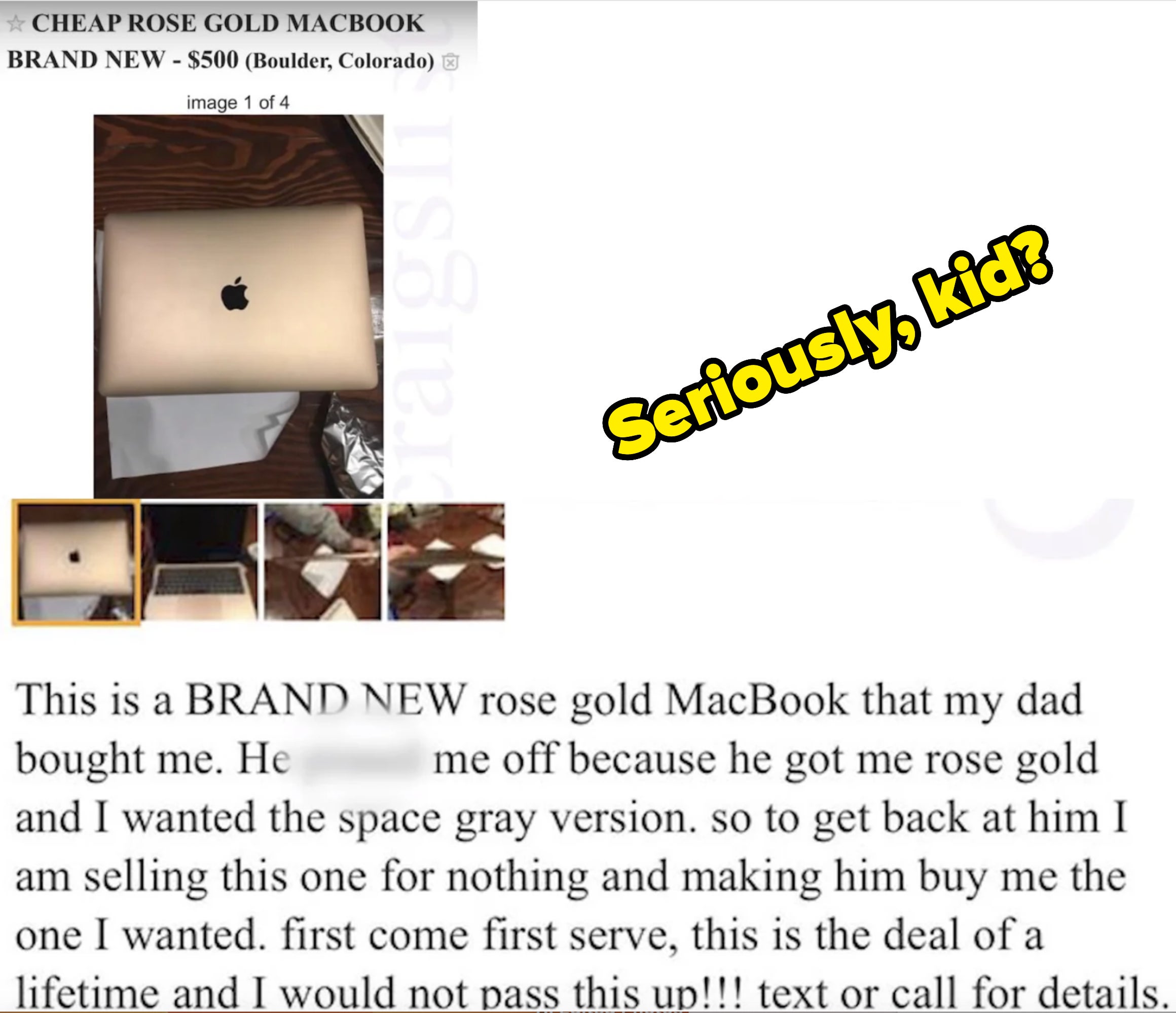 Classified ad with photos showing a new MacBook for sale by an individual disappointed with the color received as a gift