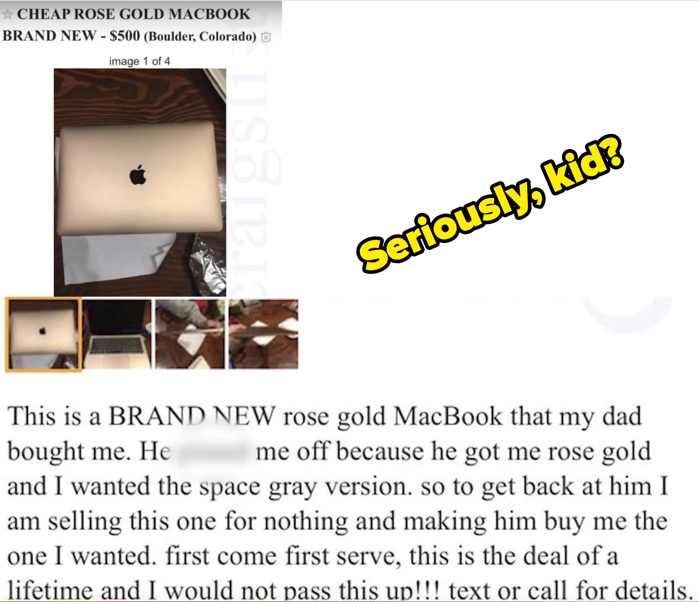 Classified ad with photos showing a new MacBook for sale by an individual disappointed with the color received as a gift