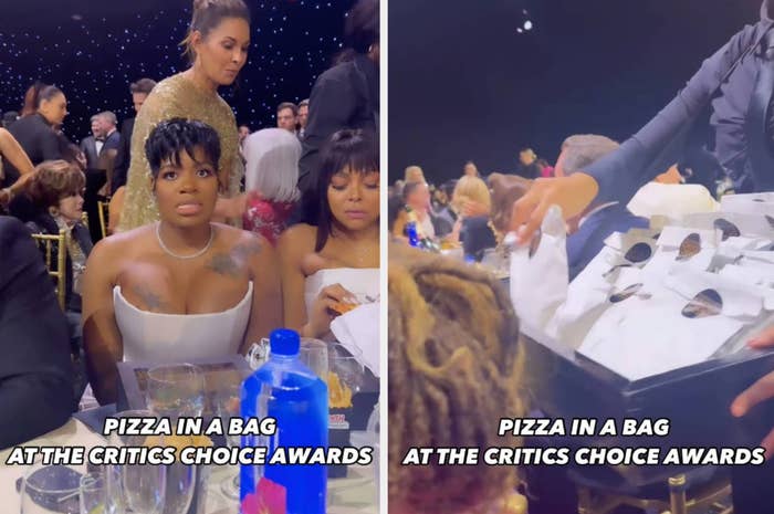 Two photos: Left shows Fantasia Barrino looking displeased in a strapless outfit at a table; right shows a waiter offering pizza in a bag to attendees