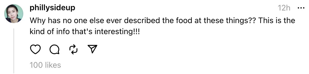 Comment on social media post showing curiosity about food at events