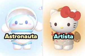 Imagen de dos personajes animados: Kirby con traje de astronauta y Hello Kitty con atuendo de artista, junto a palabras "Astronauta" y "Artista"
