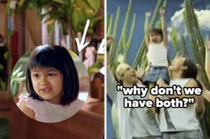 A collage of two scenes: left, a young girl with shoulder-length hair; right, same girl carried on shoulders in a crowd, with text "why don't we have both?"