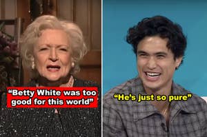Side-by-side of Betty White hosting SNL and Charles Melton smiling during an interview
