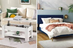 on left: white lift-top coffee table, on right: blue velvet bed frame
