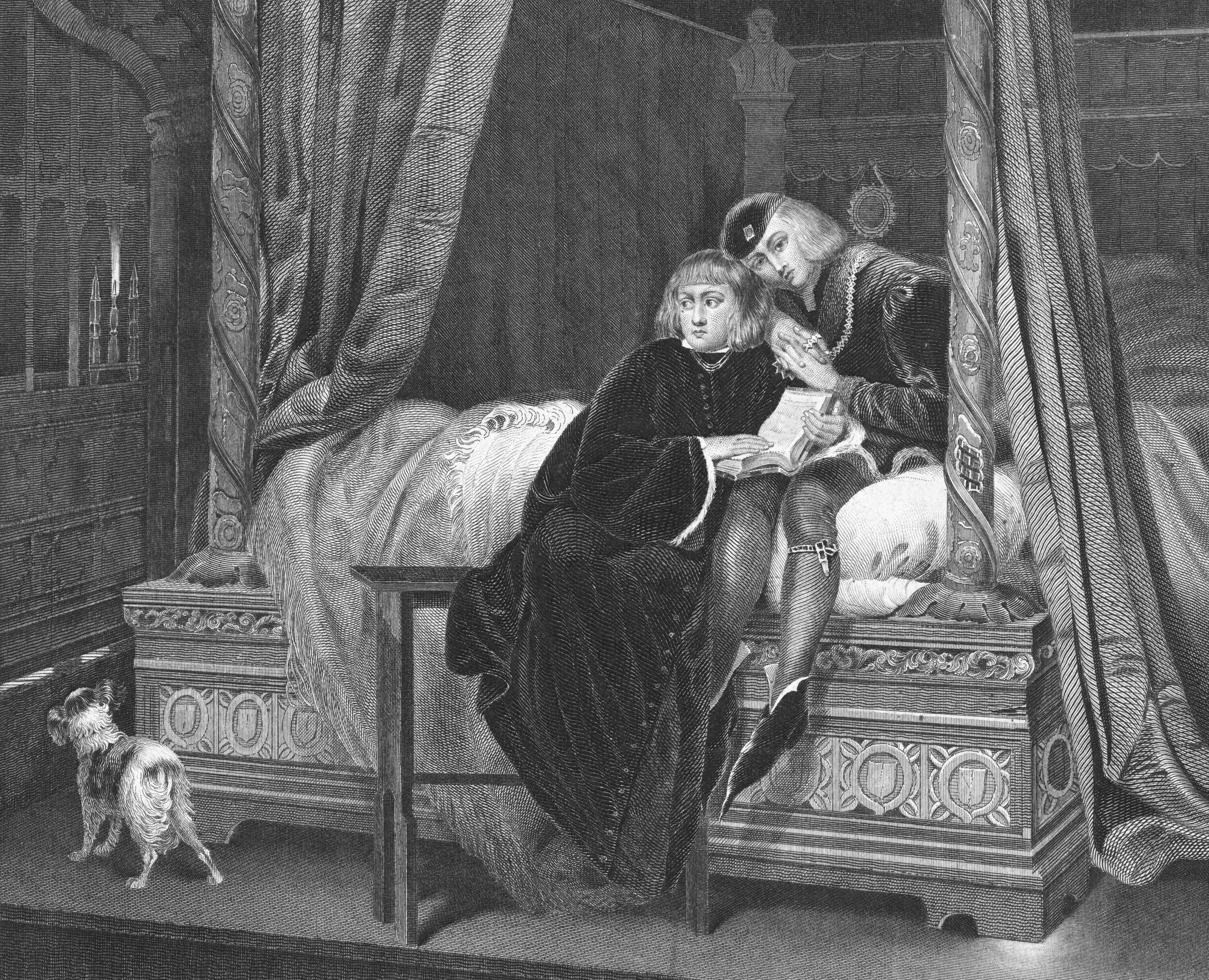A drawing of Edward V and his brother Richard sitting on a bed