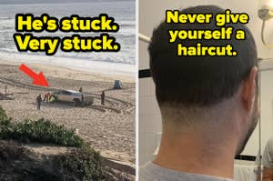 Two photos: Left shows car stuck on beach, right displays a man with a poorly done self-haircut