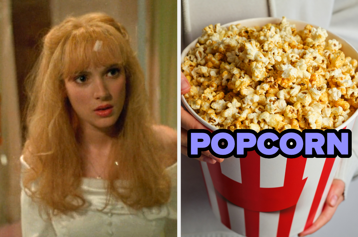 On the left, Winona Ryder as Kim in Edward Scissorhands, and on the right, a bucket of popcorn