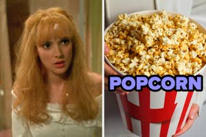 On the left, Winona Ryder as Kim in Edward Scissorhands, and on the right, a bucket of popcorn