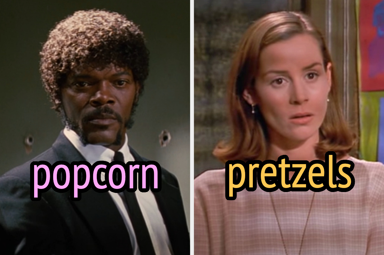 On the left, Jules from Pulp Fiction labeled popcorn, and on the right, Miss Honey from Matilda labeled pretzels