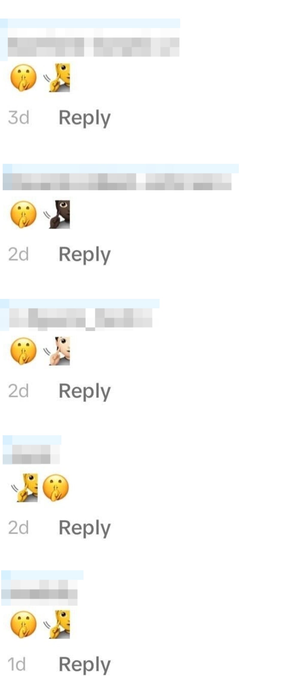 Emoji reactions to a post by multiple users, showcasing the shushing emoji followed by the emoji indicating that someone is deaf