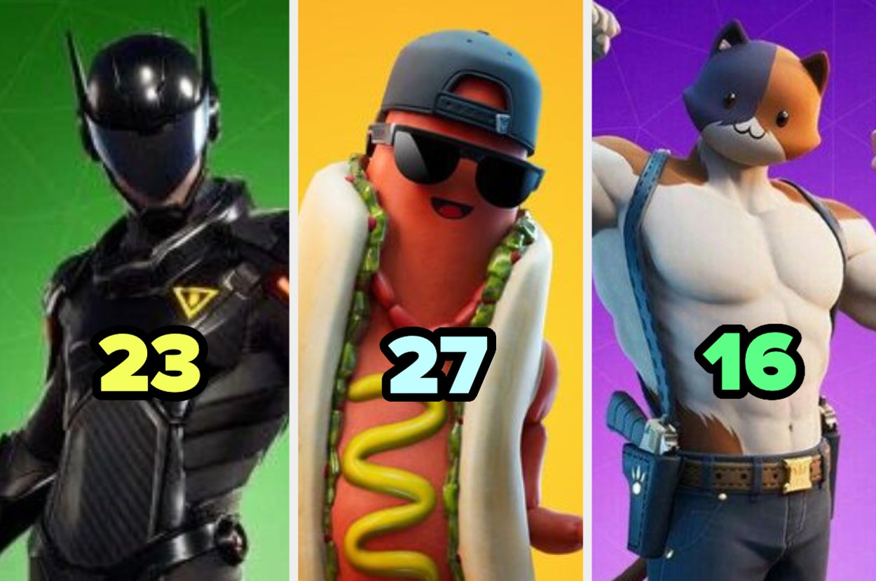 Personajes animados de Fortnite con trajes de héroe, hotdog y agente secreto