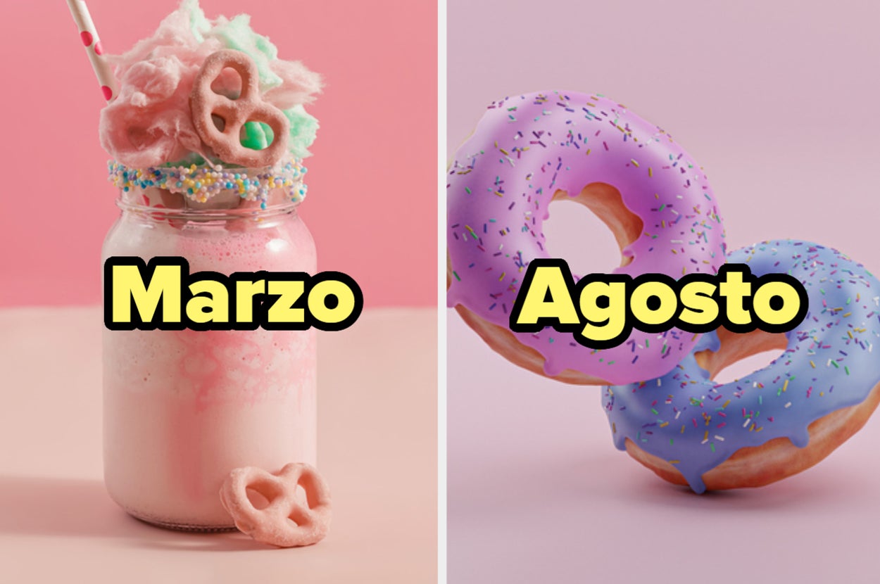 Batido decorado y dona con glaseado, con palabras "Marzo" y "Agosto" superpuestas