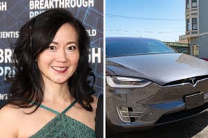 Woman in a teal dress at an event, and a camouflaged car with license plate 'GIGA G01' at a facility