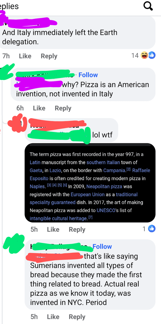 Commenters arguing about the origin of pizza, with one person saying &quot;actual real pizza&quot; was invented in NYC and someone posting a history going back to 997 in Italy